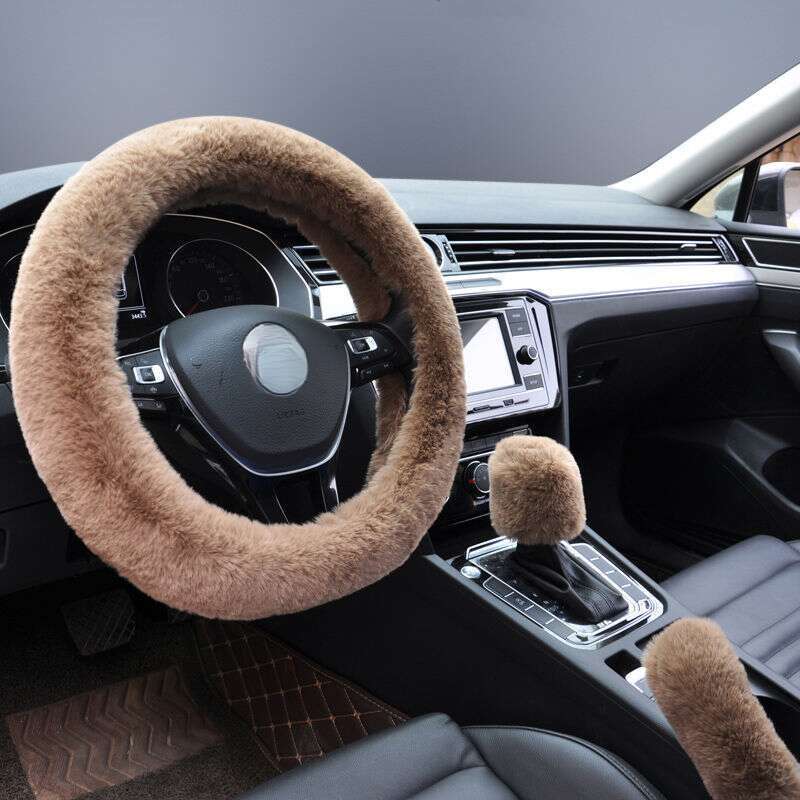 Steering Winter Otter Rabbit Fur Car Steering Wheel Plush Cartoon Handle Cover Three Piece Set Universal_voghion.com