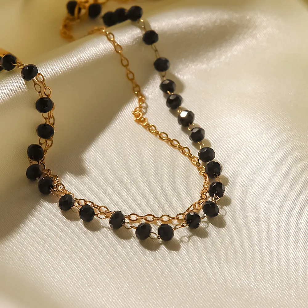 Lanțuri stil boho din oțel inoxidabil cu mărgele negre și piatră de sticlă dublă colier felie accesorii pentru femei_voghion.com