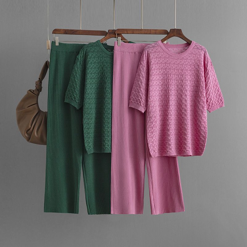 Pantaloni da donna nuovi, tinta unita, casual, scollo rotondo, alla moda, a maniche corte, in maglia, due pezzi_voghion.com
