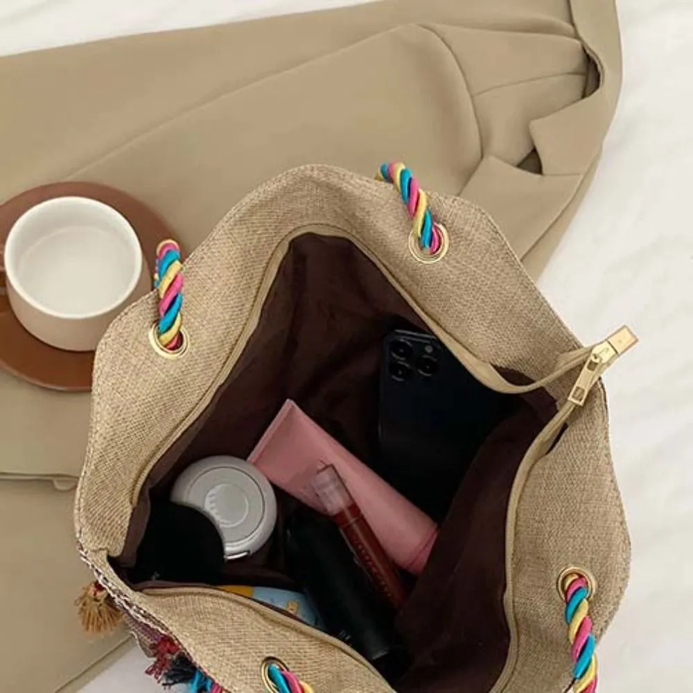 Stripe Ethnic Shoulder Tassel Large Capacity Canvas Colorful Handbag Travel Storage Bag Korean Style_voghion.com