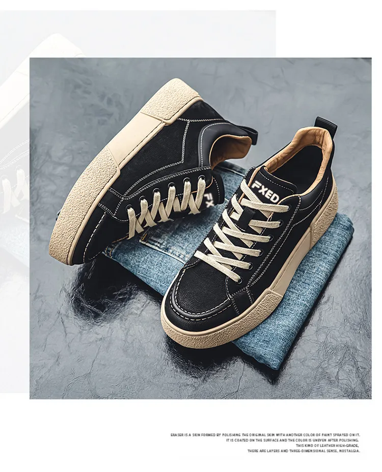 Baskets en cuir pour homme semelle épaisse style coréen_voghion.com