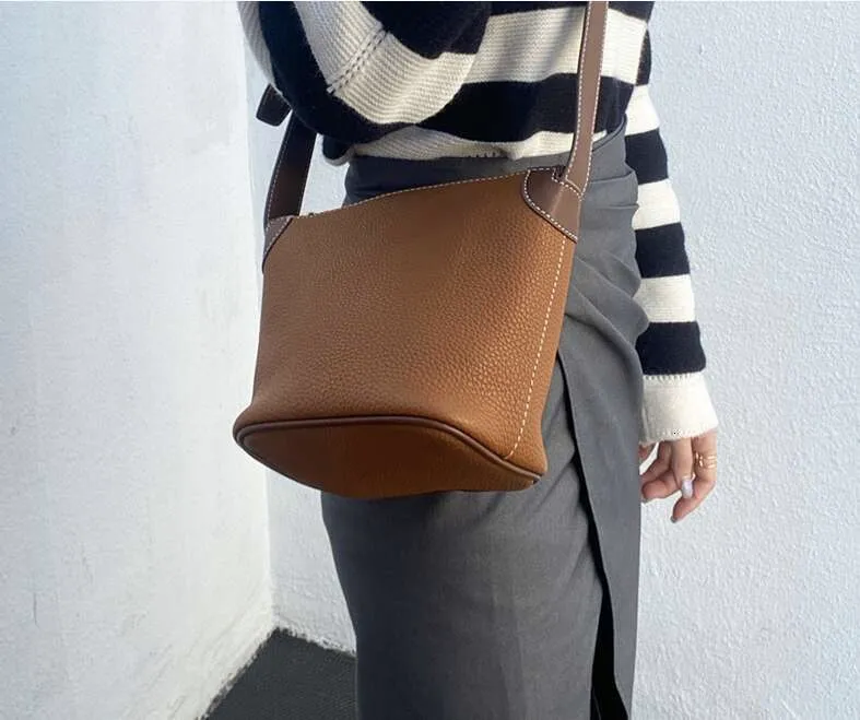 Urban Simple Leather Bucket Bag One Shoulder Messenger Style_voghion.com
