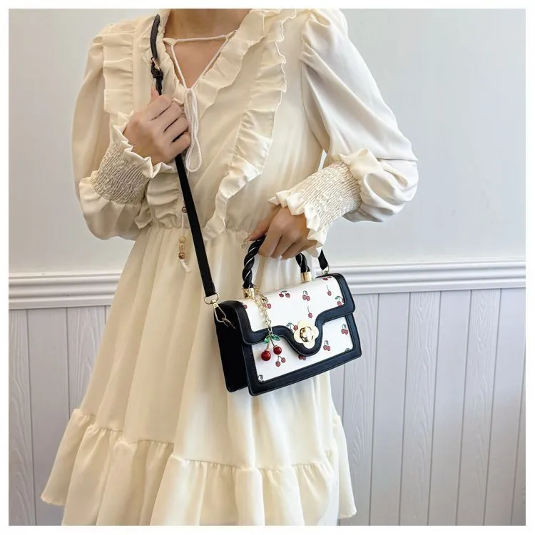 Borsa a tracolla alla moda - Piccola borsa quadrata con stampa di ciliegie e fresco contrasto di colori, leggera per l'uso quotidiano_voghion.com