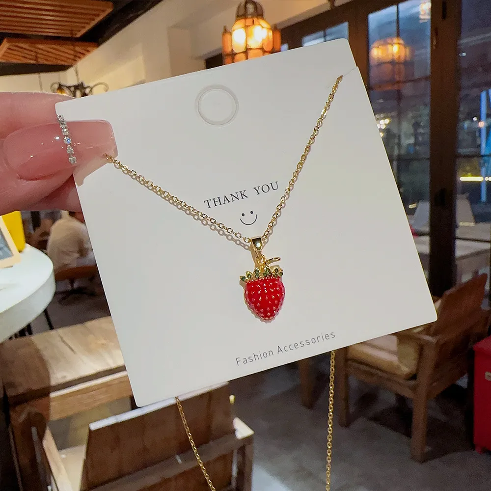 Pendant Necklaces Red Strawber Fruit Plant Zircon Chain Necklace Nimble Mother's Day Woman Wedding Family Friend_voghion.com