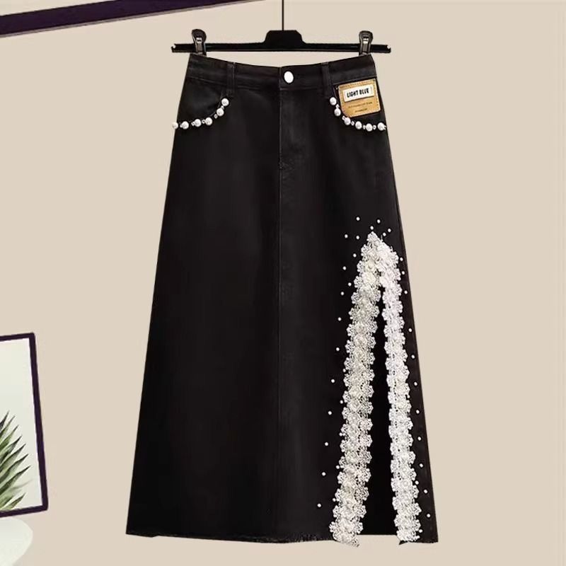 Ensemble deux pièces haut à manches courtes et jupe en jean fendue pour femme_voghion.com