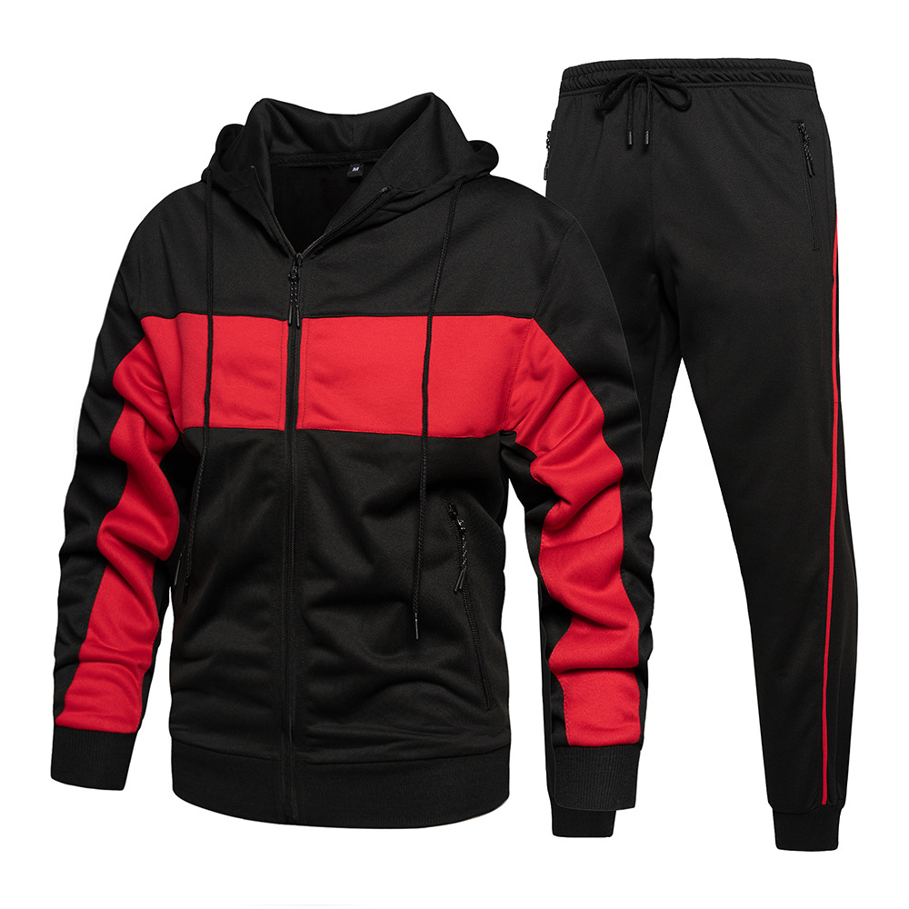 Lässiges zweiteiliges Set für Herren mit Farbkontrast, Strickjacke und Kapuze, Trainingsanzug in Übergröße_voghion.com