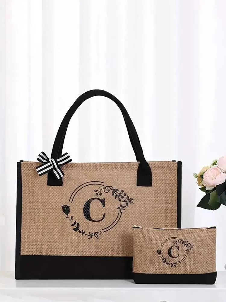 Reusable Jute Large Capacity Printed Letters Set Ladies Shopping Party DIY Gift Bag Shoppin241116_voghion.com