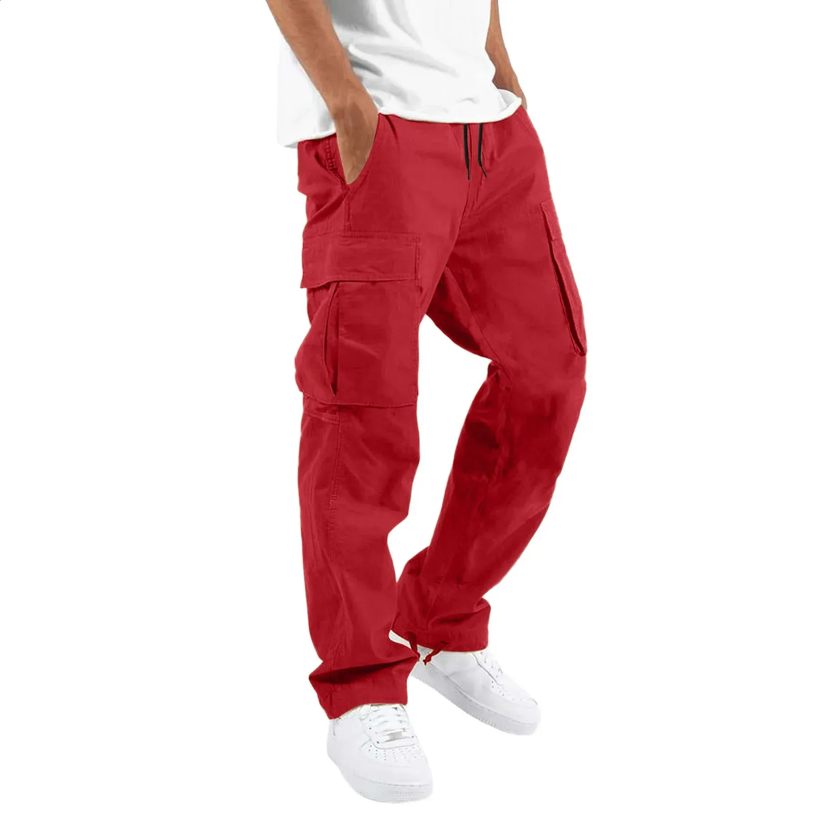 Calças para homens comprimento total cor sólida solta vários bolsos bolsos com cordão calças cargo masculinas 3XL 240813_voghion.com
