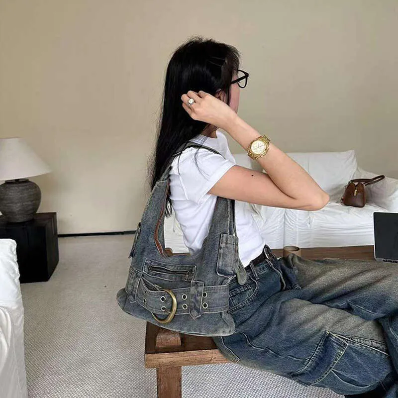 Bolsa de ombro feminina vintage jeans punk da moda, bolsa de mão grunge de rua Y2k, bolsa de mão retrô gótica casual para meninas, bolsas de axila_voghion.com