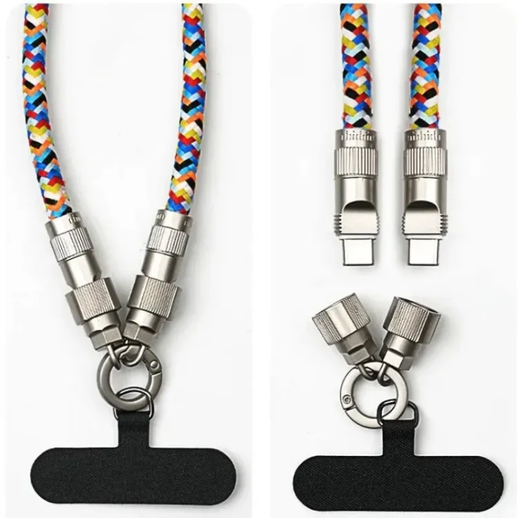 USB Charging 2-in-1 Type C Anti-Lost Rope Braided Lanyard PD 100W Fast Data Cable For Iphone15 Samsung_voghion.com