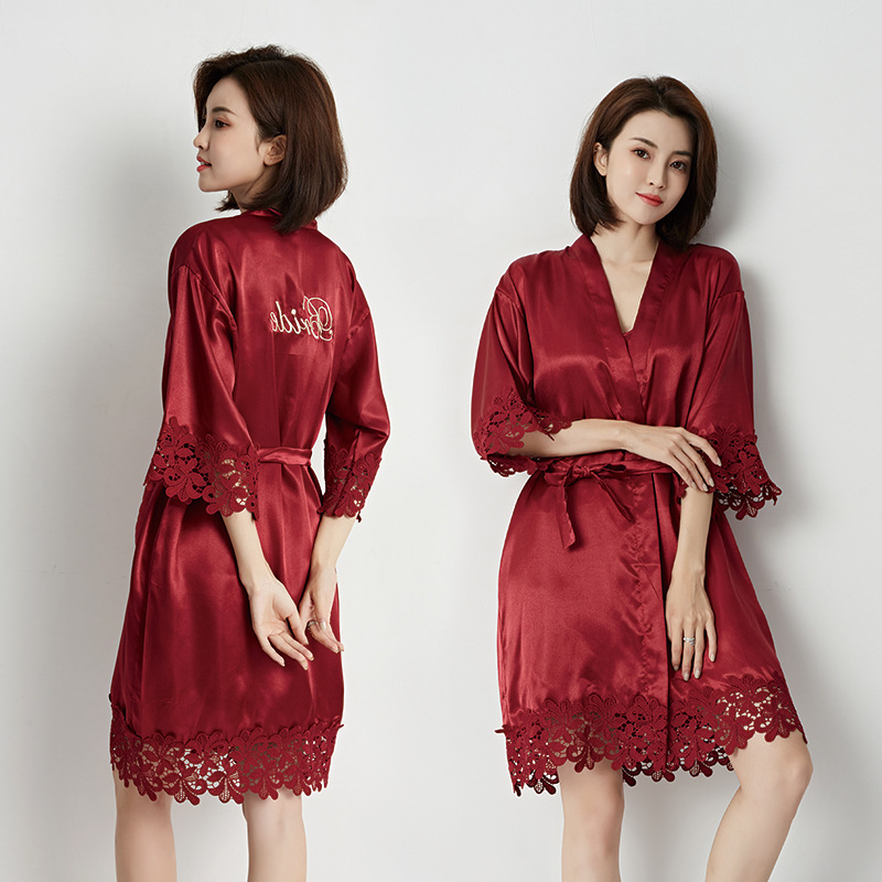 Women's clothing bride bridal gown morning gown ladies lace nightgown wedding makeup bridesmaids wedding kimono imitation silk cardigan_voghion.com