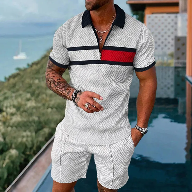 Survêtements pour hommes, ensemble de costume d'été imprimé 3D couleur unie, polo à manches courtes et short, mode fermeture éclair, deux pièces pour hommes_voghion.com