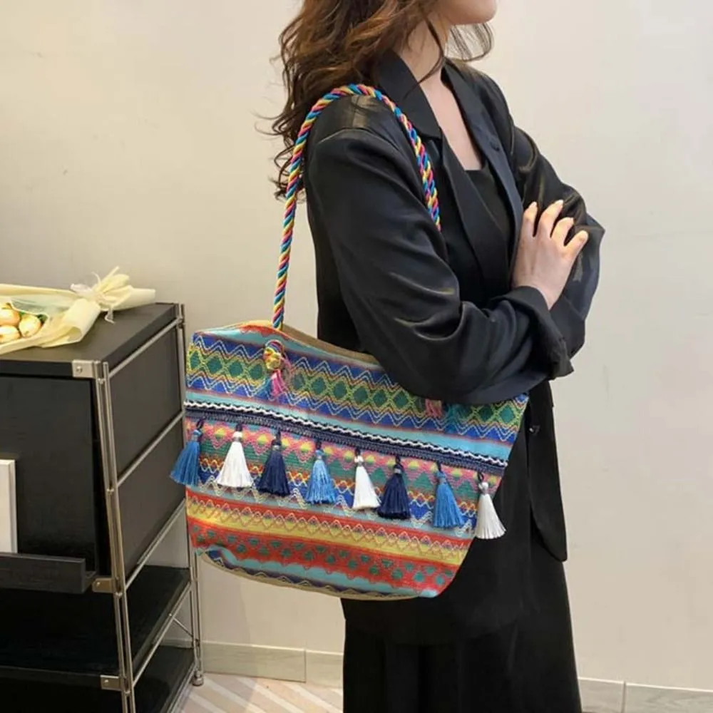 Stripe Ethnic Shoulder Tassel Large Capacity Canvas Colorful Handbag Travel Storage Bag Korean Style_voghion.com