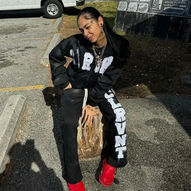 Y2K Sweatshirt Letter Patch Streetwear Hoodies Clothes EMO Girl Hip Hop Graphic Punk Vintage Zip Up Hoodie Gothic_voghion.com