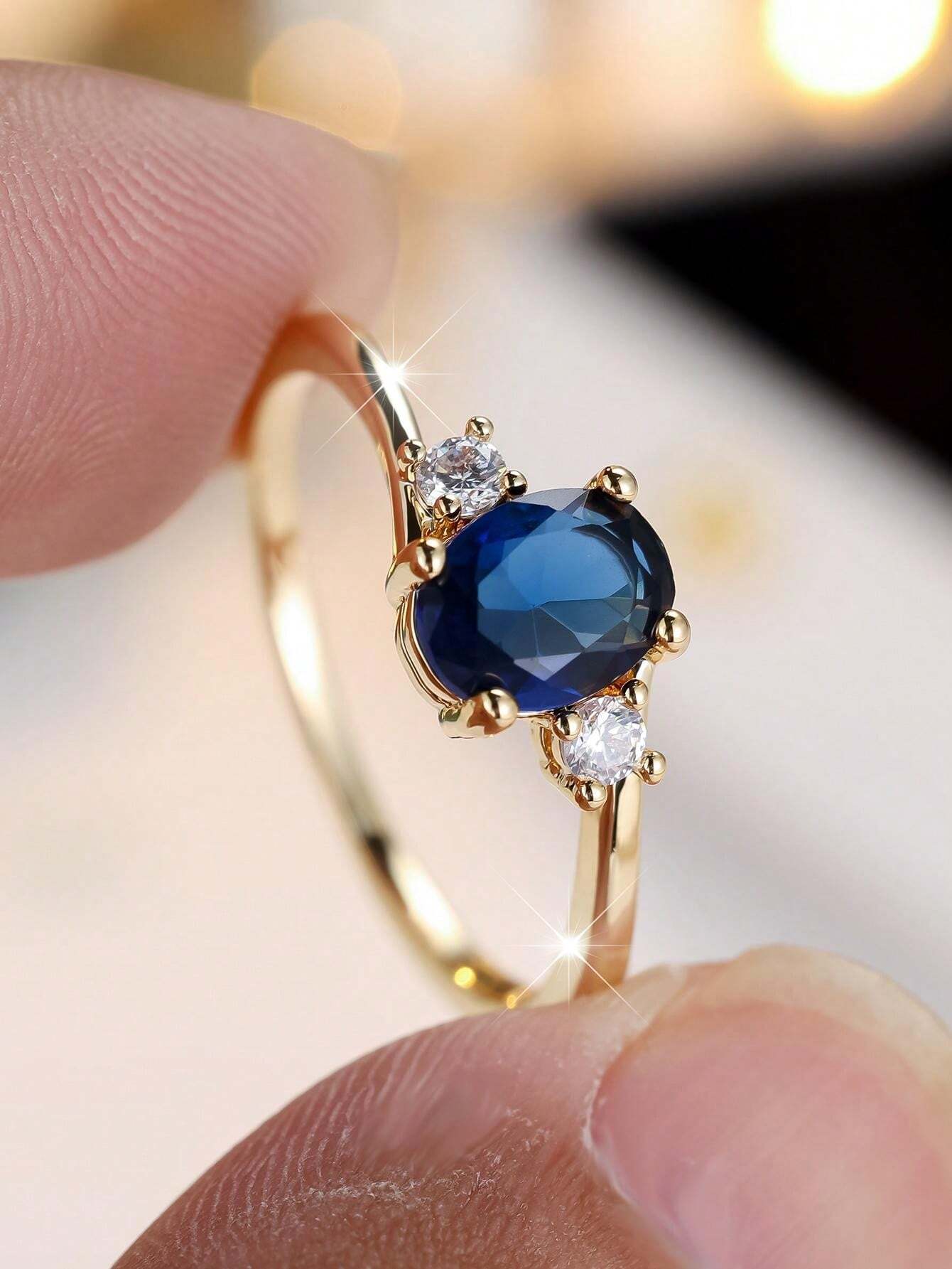 Aurora Atelier 1pc Luxury Oval Sapphire Blue Cubic Zirconia Ring, Exquisite For Weddings, Parties, Holidays, Everyday Wear, Durable & Shiny Accessory_voghion.com