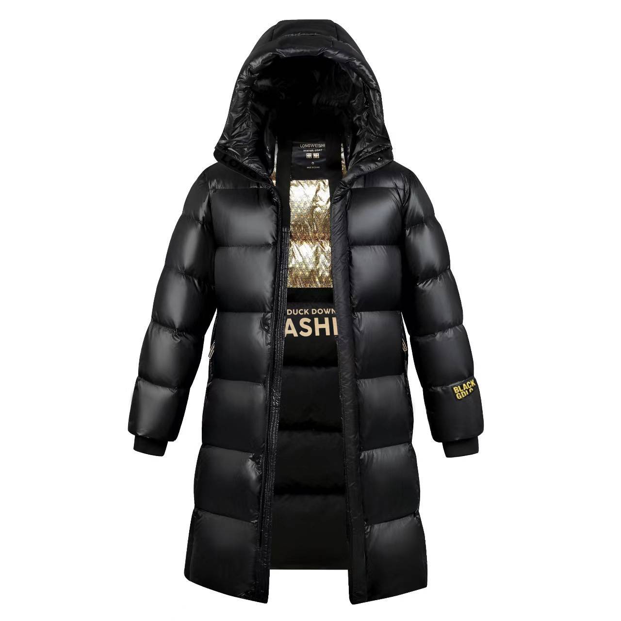 Men's Clothing 2024 new black and gold down jacket for men and women, same style, bright surface, winter warm and thick couple jacket, high version