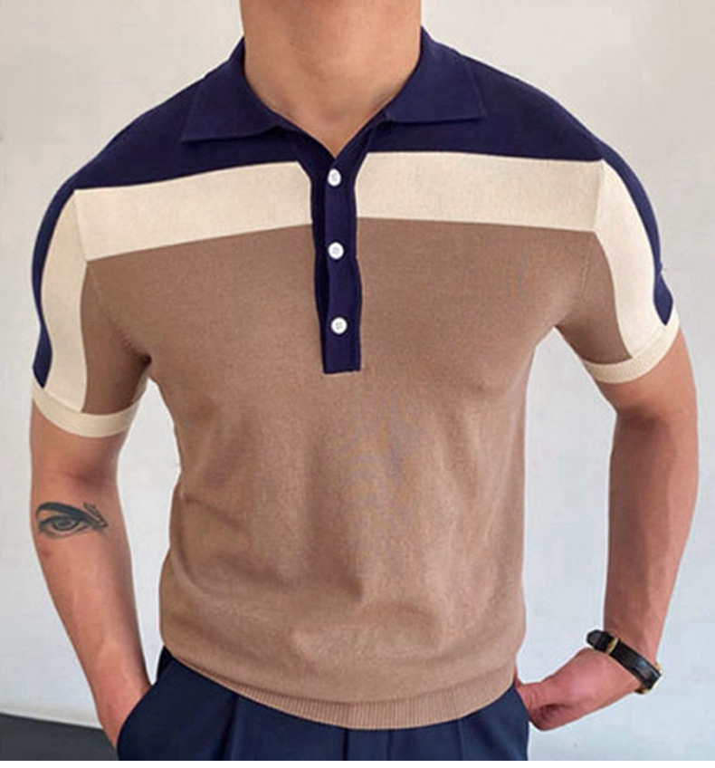 Nuova camicia da uomo in maglia patchwork con maniche corte, colore a contrasto, polo aderente, da uomo SY0046_voghion.com