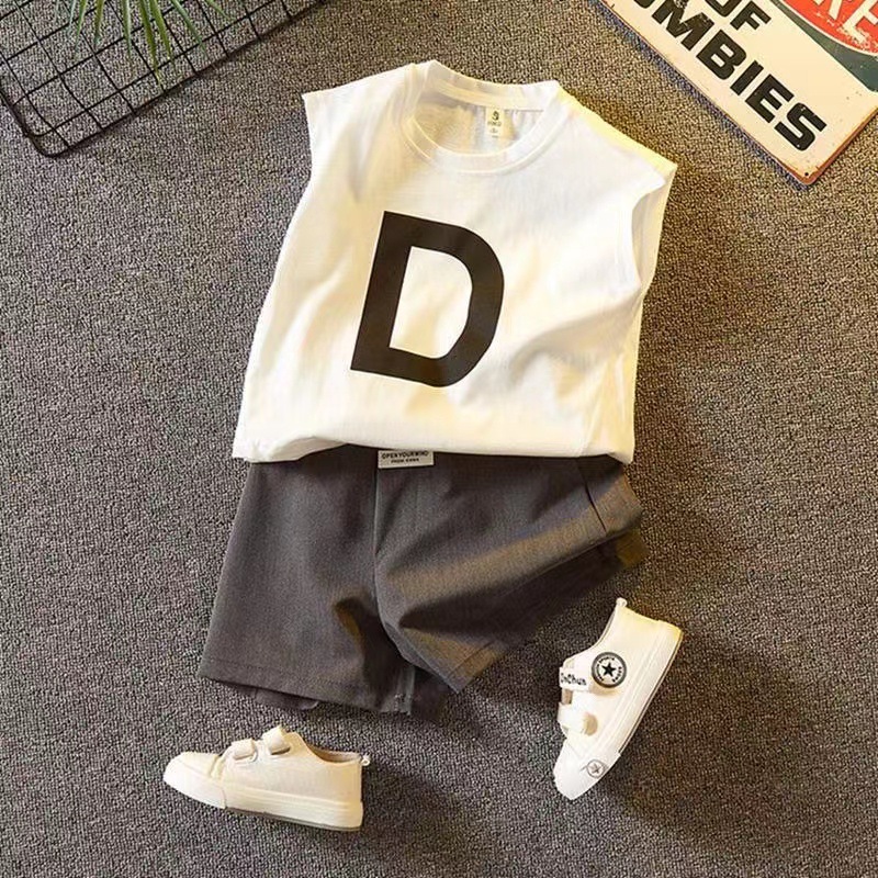 Conjunto de algodón para niños, chaleco fino con letras, pantalones cortos casuales, popular, moderno, personalidad fresca, conjunto de dos piezas para bebé, venta al por mayor