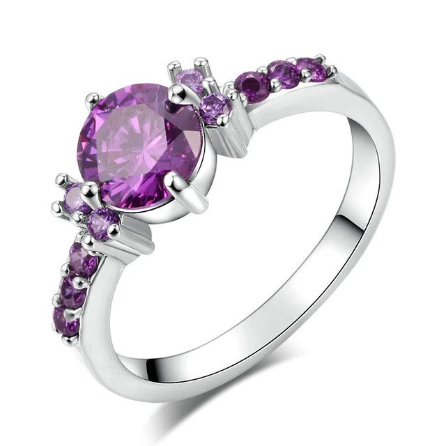Anillos de cristal morado de stock listos, tendencia 2024 para mujeres, anillo de promesa de color plata con circonita, accesorios, regalo de boda, joyería_voghion.com