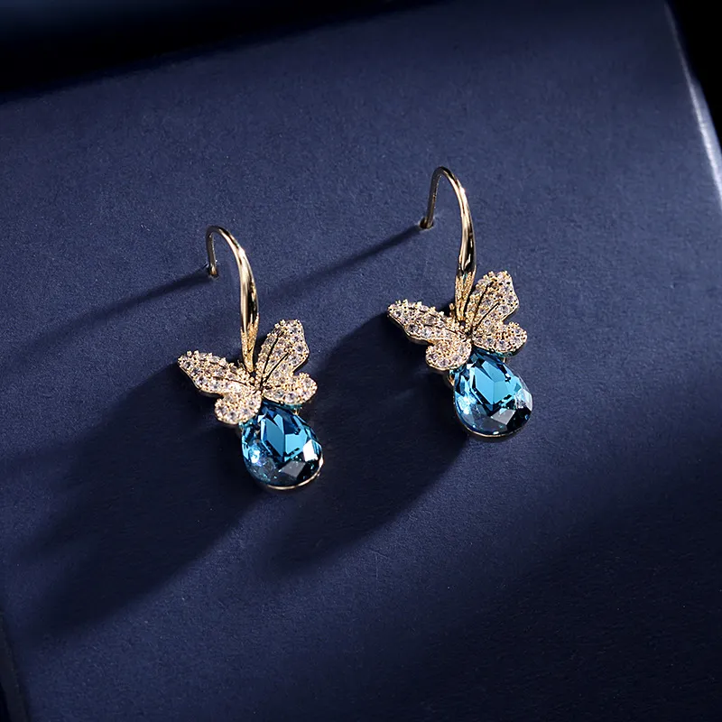 Boucles d'oreilles de style coréen de nouvelle marque 2024, ensemble de micro-boucles d'oreilles minimalistes en zircon, boucles d'oreilles papillon en cristal bleu_voghion.com