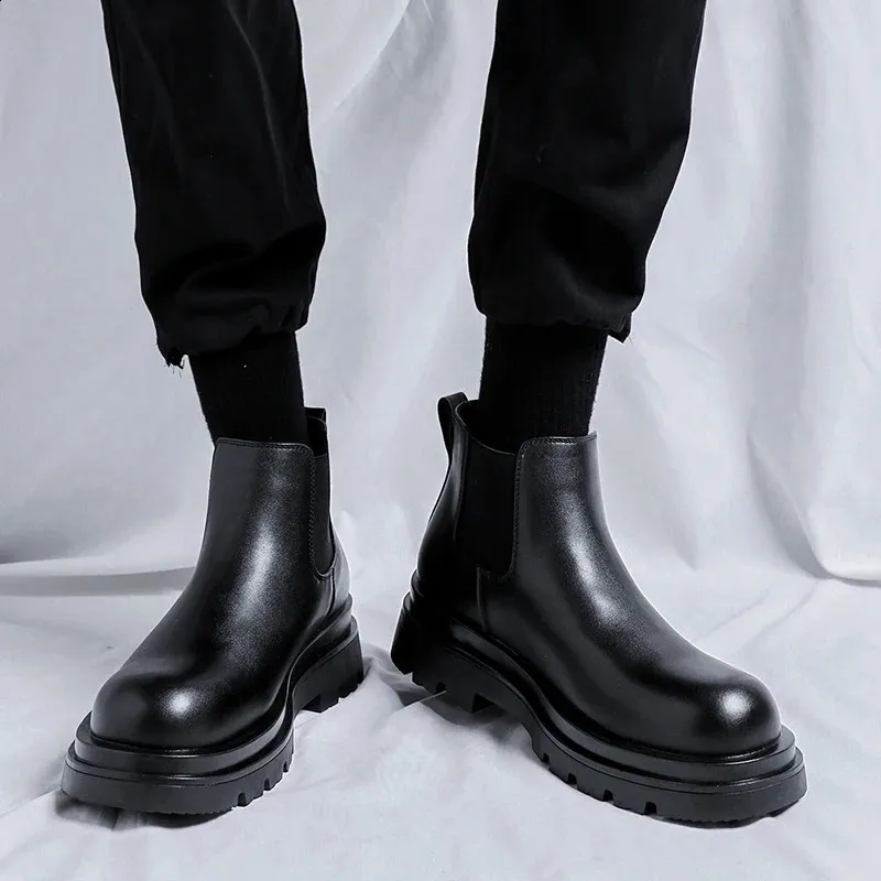 Men's Platform Chelsea Boots Leather High Top Elevator Shoes_voghion.com