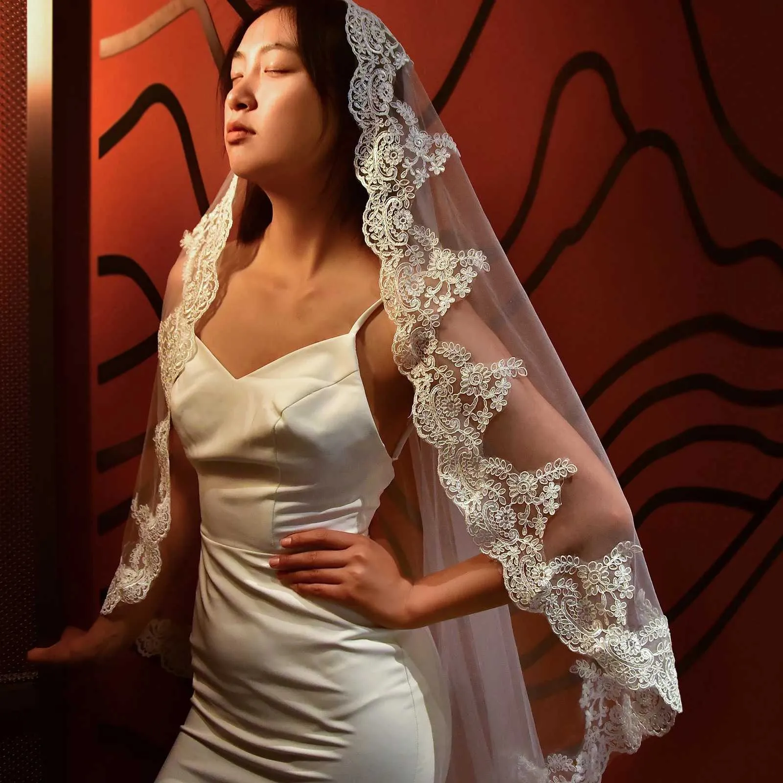 Gioielli per capelli MZA49 Velo da cattedrale lungo con applicazioni in pizzo e bordo in tulle morbido, accessori per abito da sposa_voghion.com