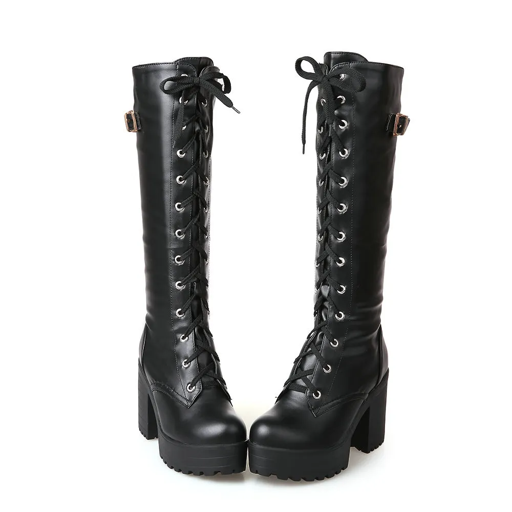 Foreign Trade Martin British Style Thin Leg Waterproof Platform Retro Thick High Heel Boots Women's Large Size Shoes_voghion.com
