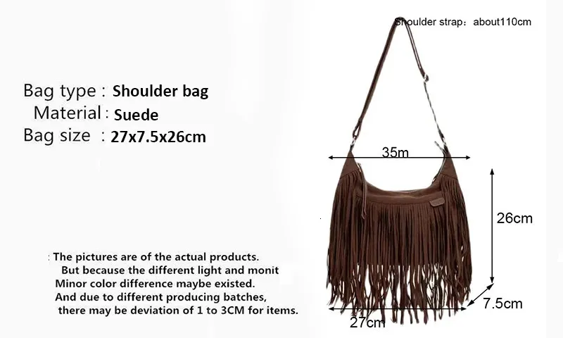 Borse a tracolla in pelle scamosciata con nappe e frange da donna 2024 Borsa a tracolla da donna alla moda Borsa a mano Tote Marrone Nero_voghion.com