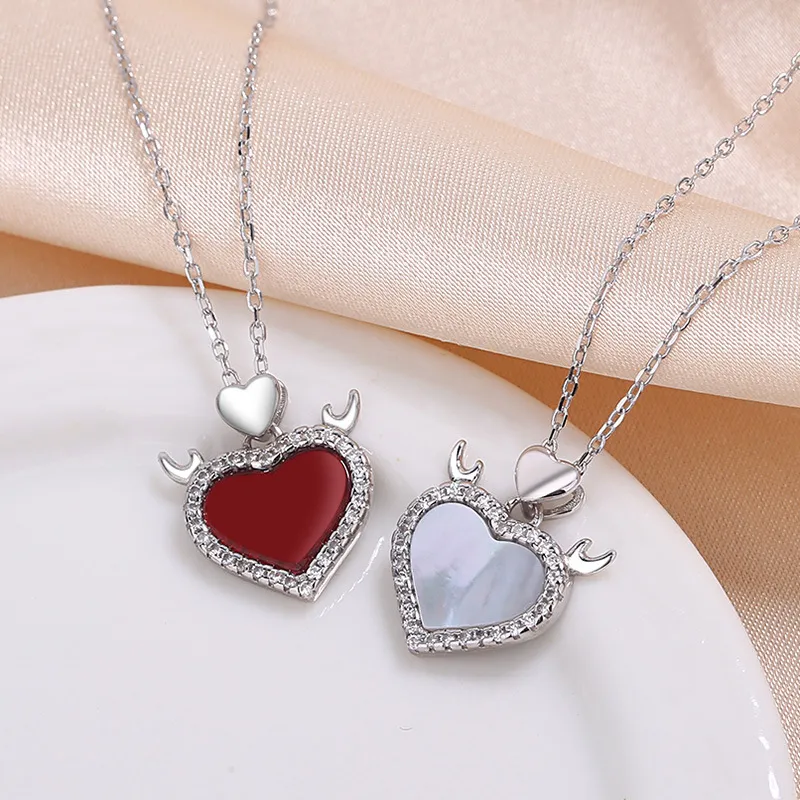 Sterling Love Necklace Rose Devil Antlers Red Agate Pendant_voghion.com
