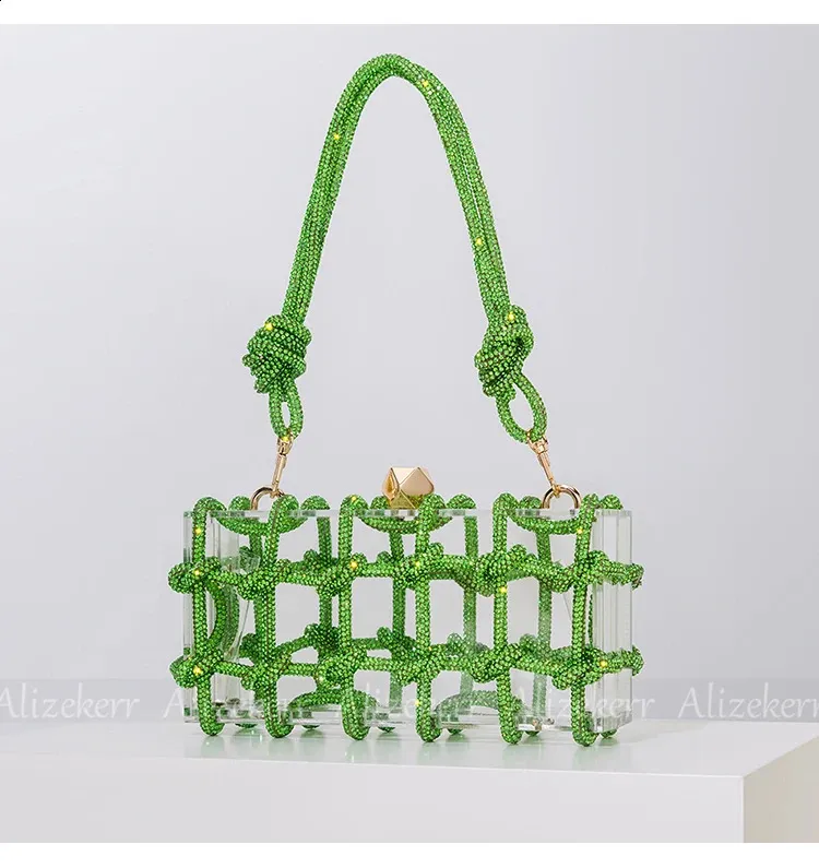 Bolsos de mano de noche con caja de acrílico transparente Dia para mujer, bolsos de mano y carteras de mano con cuerda anudada tejida, para bodas y fiestas_voghion.com