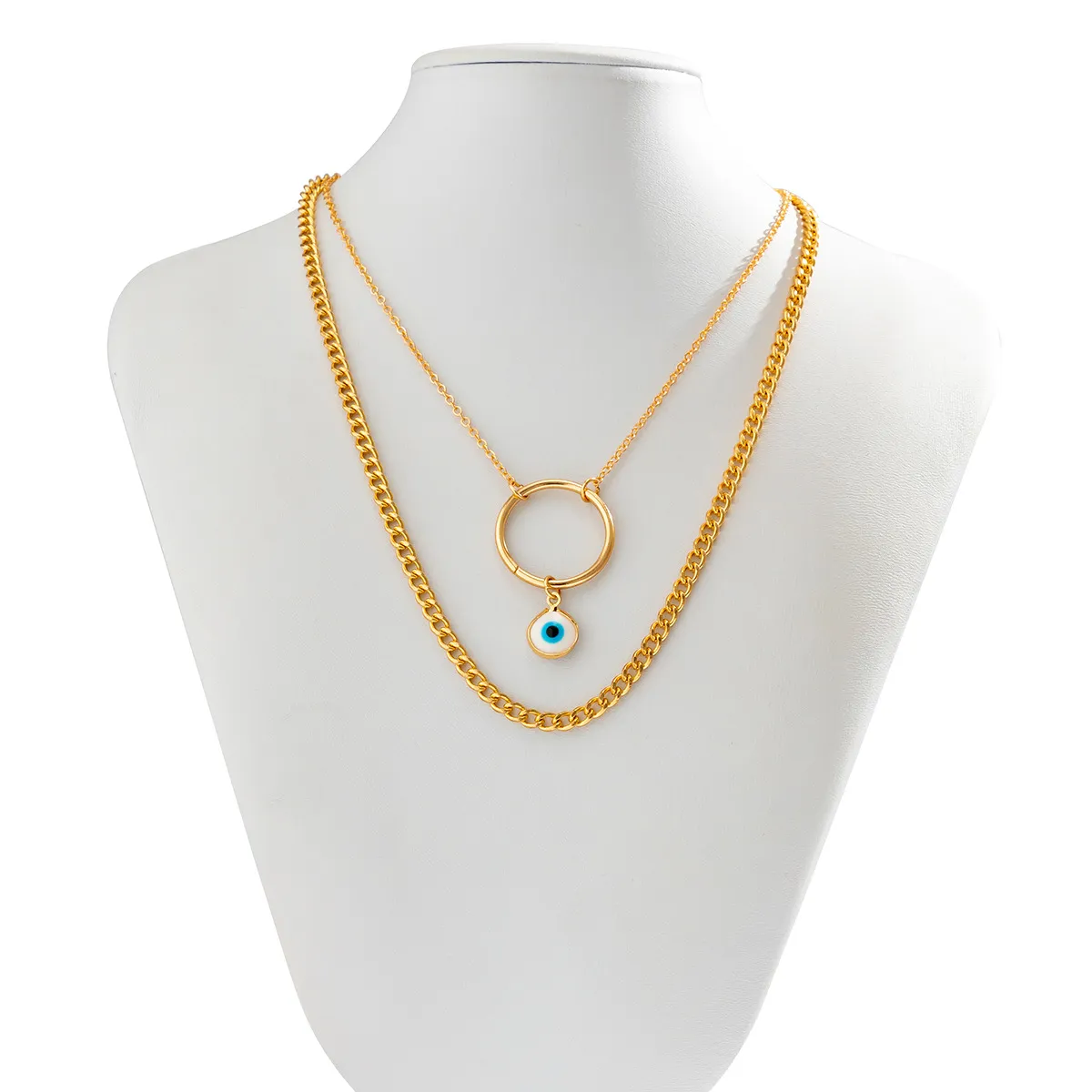 Collar con colgante de ojo azul creativo de cadenas 2023, collar de metal de color dorado multicapa retro, collares, dijes de moda para niñas_voghion.com