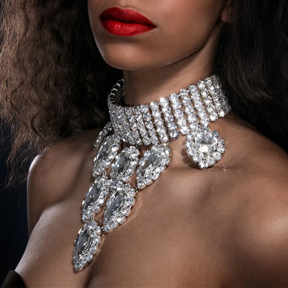 Deluxe Rhinestone Choker Necklace Multi-row Crystal Drop Pendant_voghion.com