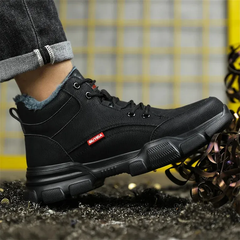 Bottes de sécurité en cuir noir pour homme, chaussures de travail imperméables et résistantes à la pression des clous, bout en acier inoxydable_voghion.com
