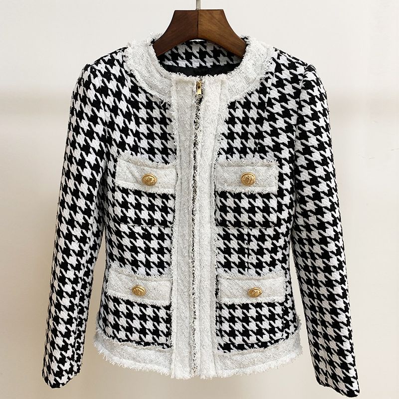 Women's Clothing autumn and winter star round neck zipper houndstooth fringed tweed jacket short coat_voghion.com