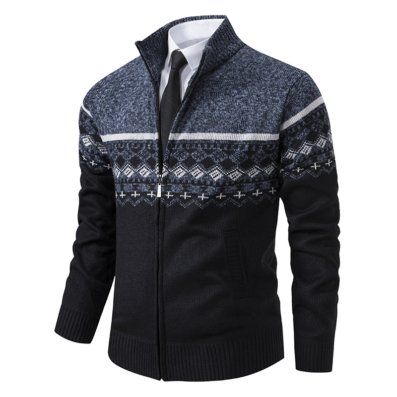 Negócios outono veludo engrossado suéter masculino de meia idade gola alta cor bloqueada retro jacquard cardigan de malha_voghion.com