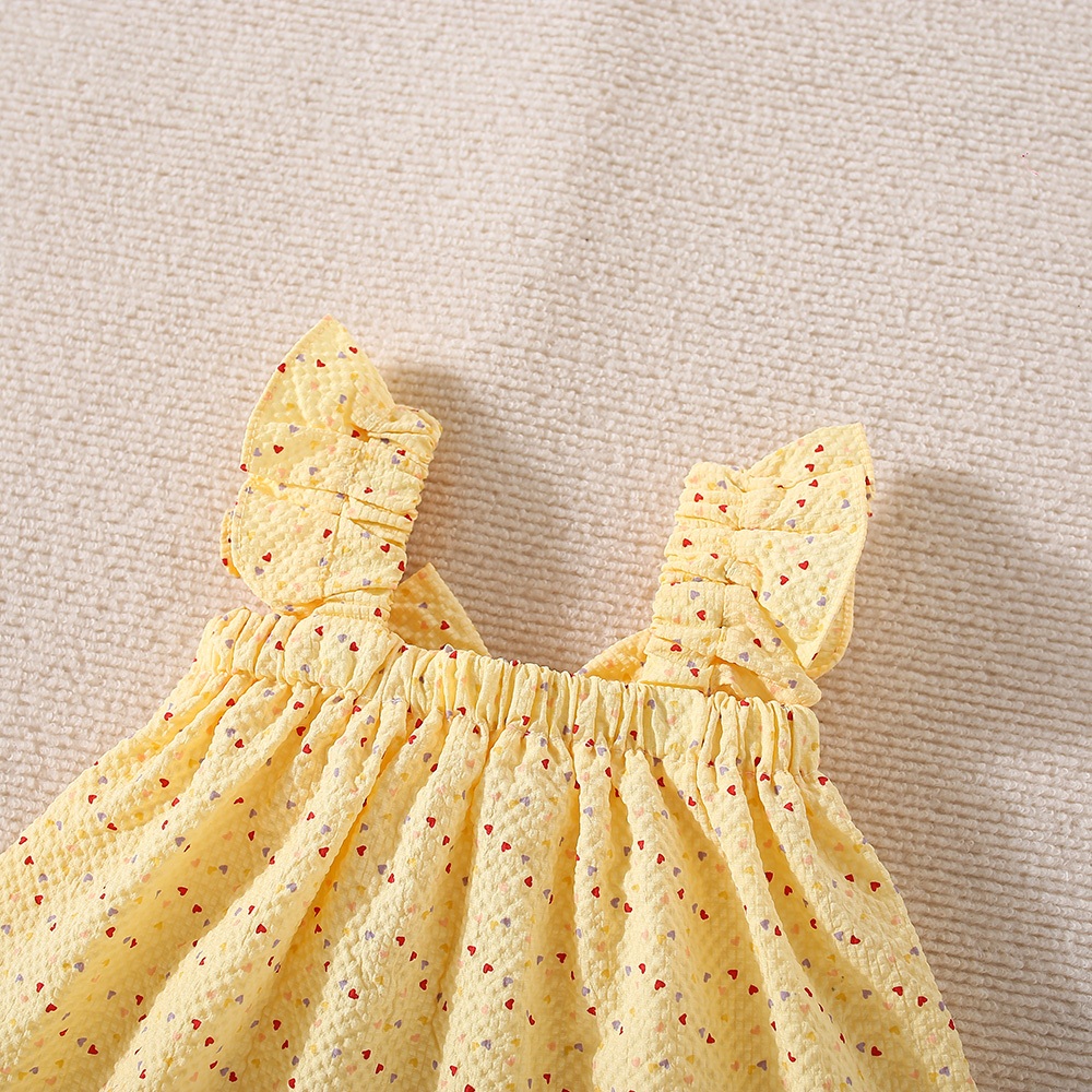 Peutermeisjes kinderkledingset van katoen, klein hartje, bedrukt, geel/roze strik, top en short_voghion.com