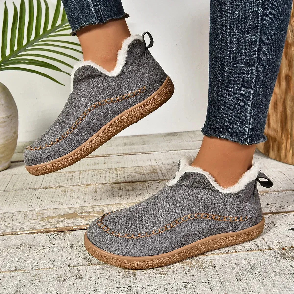 selg long sleeved womens winter round toe plush warm solid flat casual comfortable snow boots 240904_voghion.com