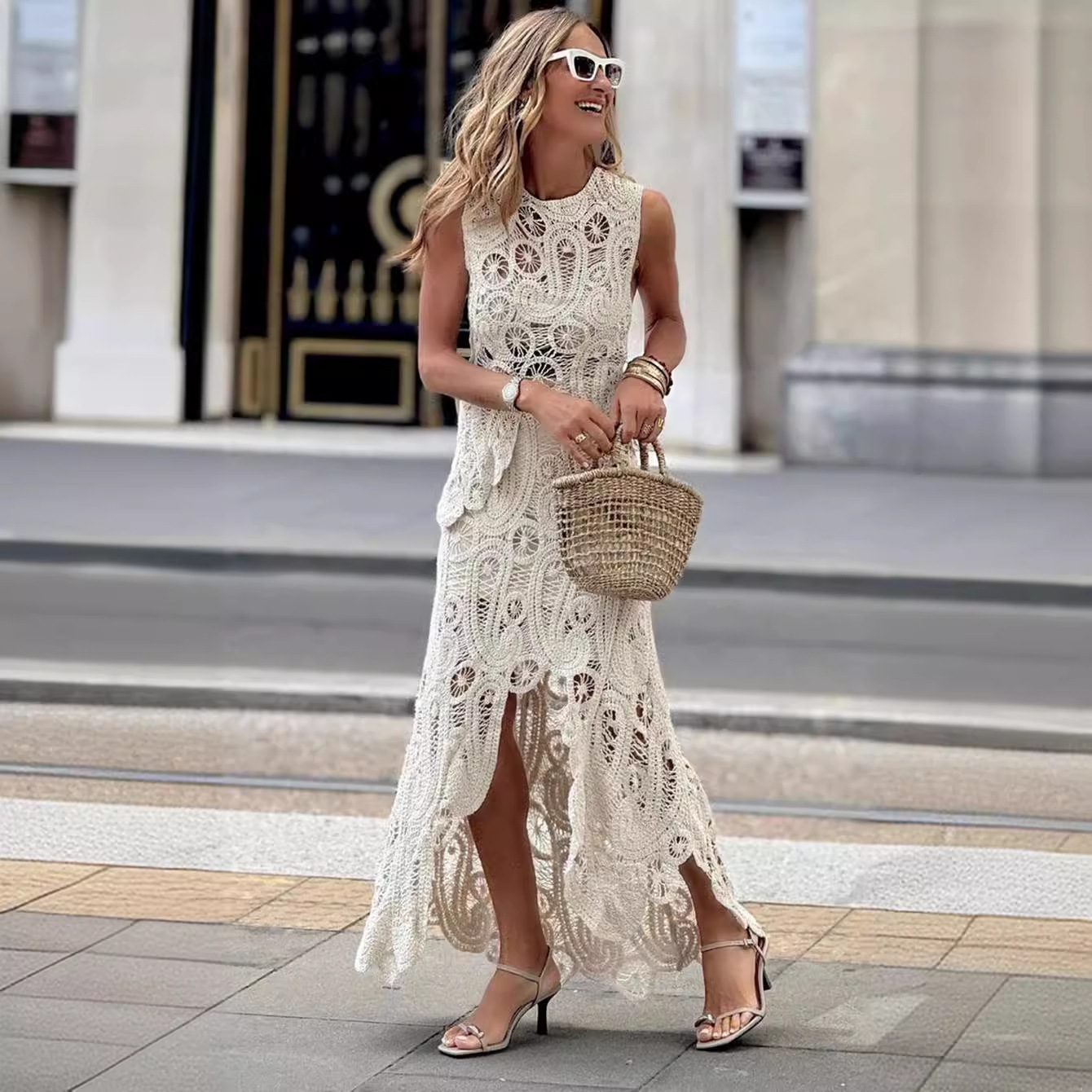 Women's Clothing New Hollow Lace Irregular Vest Top Skirt Suit