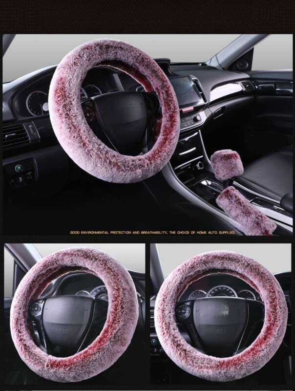 Steering Winter Otter Rabbit Fur Car Steering Wheel Plush Cartoon Handle Cover Three Piece Set Universal_voghion.com