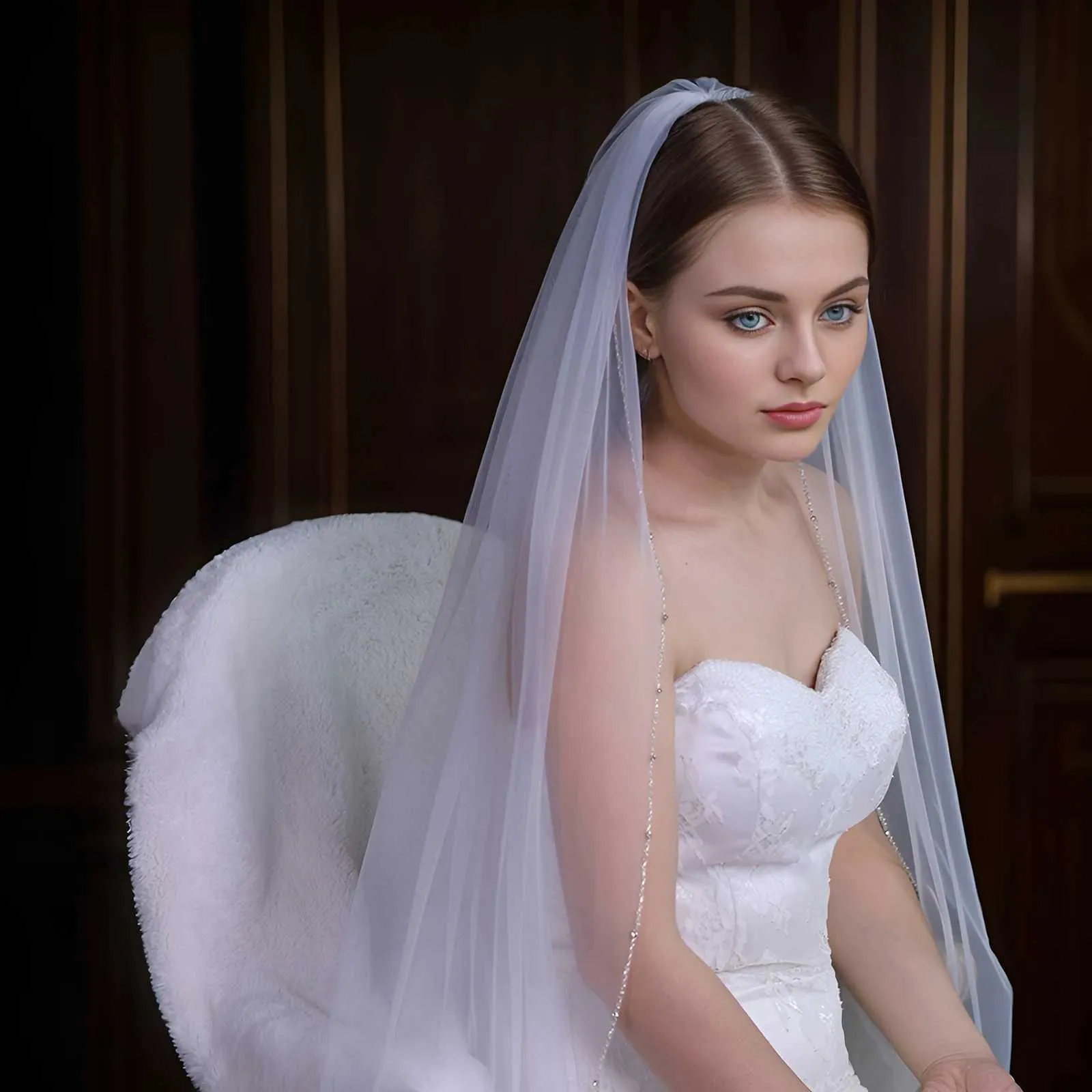 Gioielli per capelli, veli da sposa con perline di cristallo, velo da sposa a 1 strato, bordatura in perle di strass, morbido tulle con pettine a cattedrale_voghion.com
