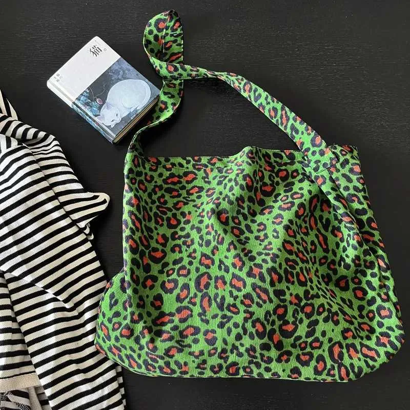 Sac à main en velours côtelé pour femme avec bandoulière en tissu imprimé panthère verte, grande capacité, sac de loisirs, de voyage, de shopping_voghion.com