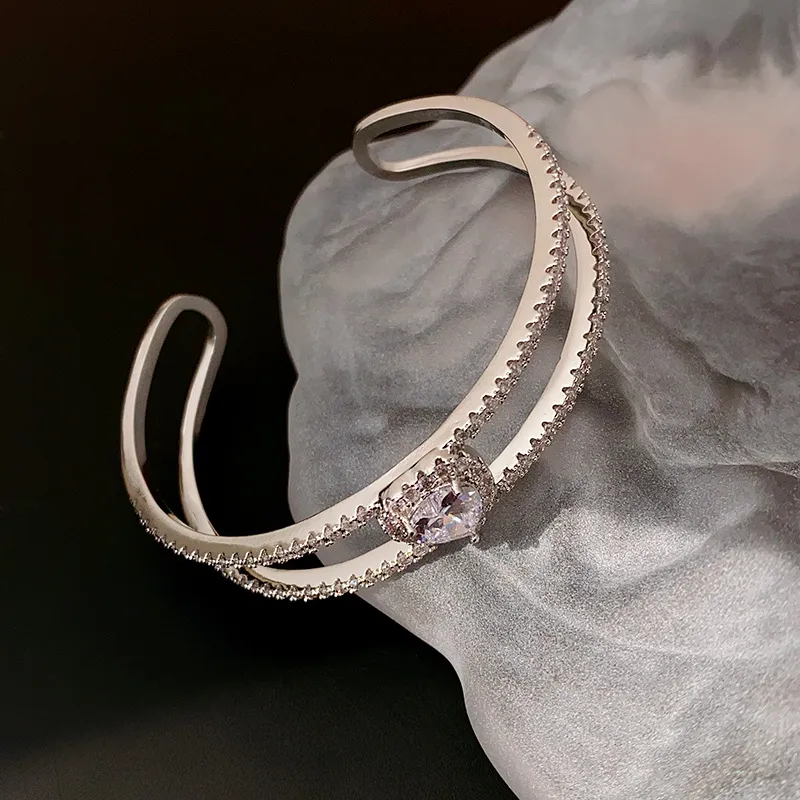 Heart Zirconia Bangle And Ring Set For Women Silver Colour_voghion.com
