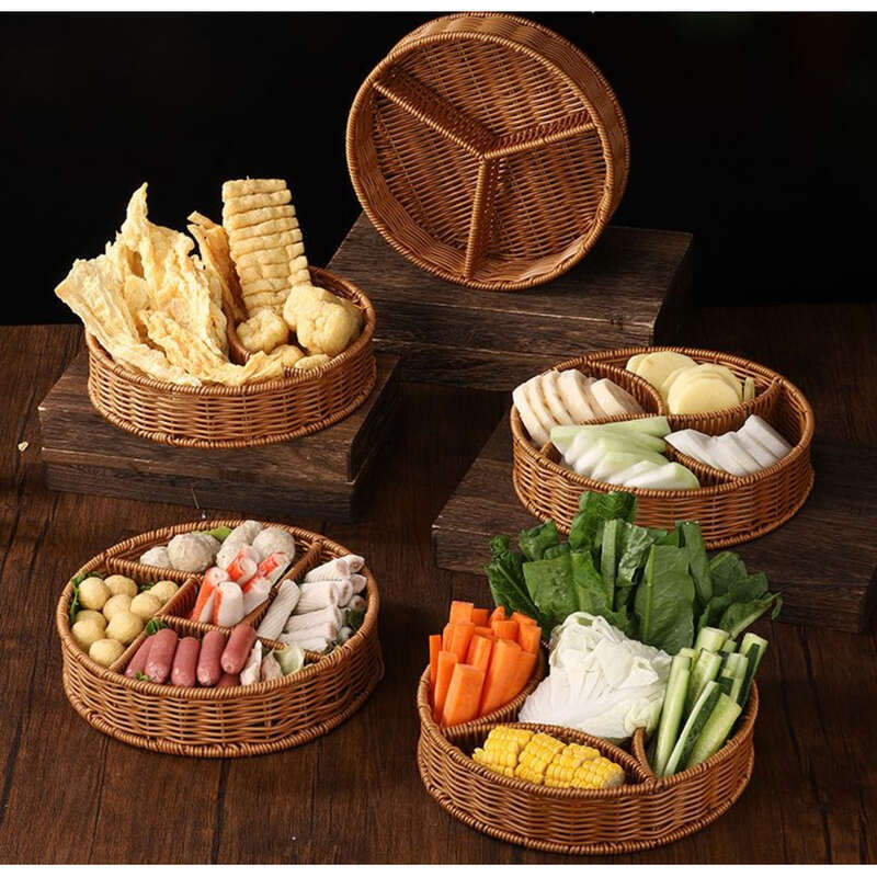 Chinese Textile Rattan Woven Platter, Hotpot, Vegetables, Mushrooms, Ingredients, Dividing Plate, Self-service_voghion.com