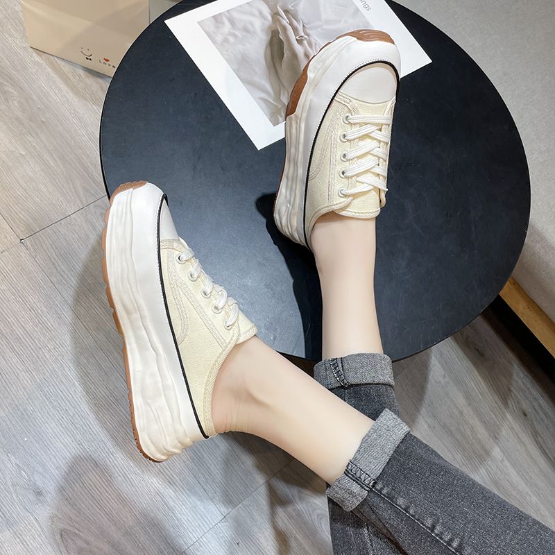 Pantofole casual in tela con lacci e stile Baotou, metà nuovo, primavera-autunno, moda donna 2023_voghion.com