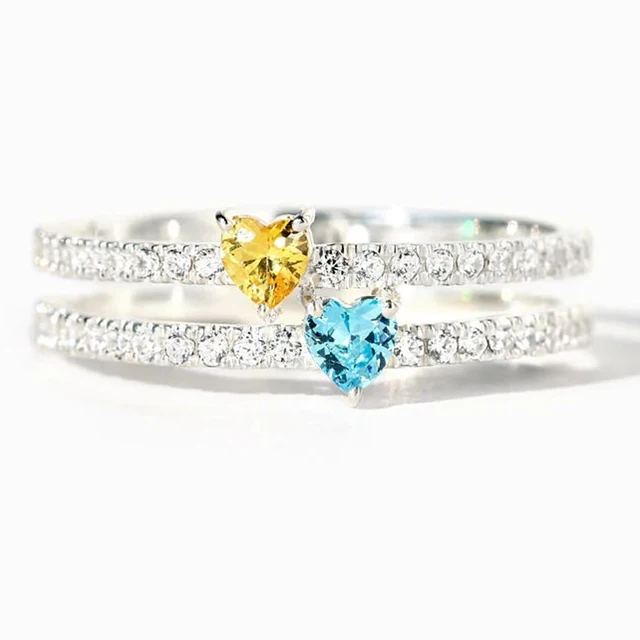 Mode Monkton Meisjes Sterg Sier Geboortesteen Ringen Vrouwen Dubbele Hart Ring Constellatie Maand Band voor Tiener Sieraden_voghion.com