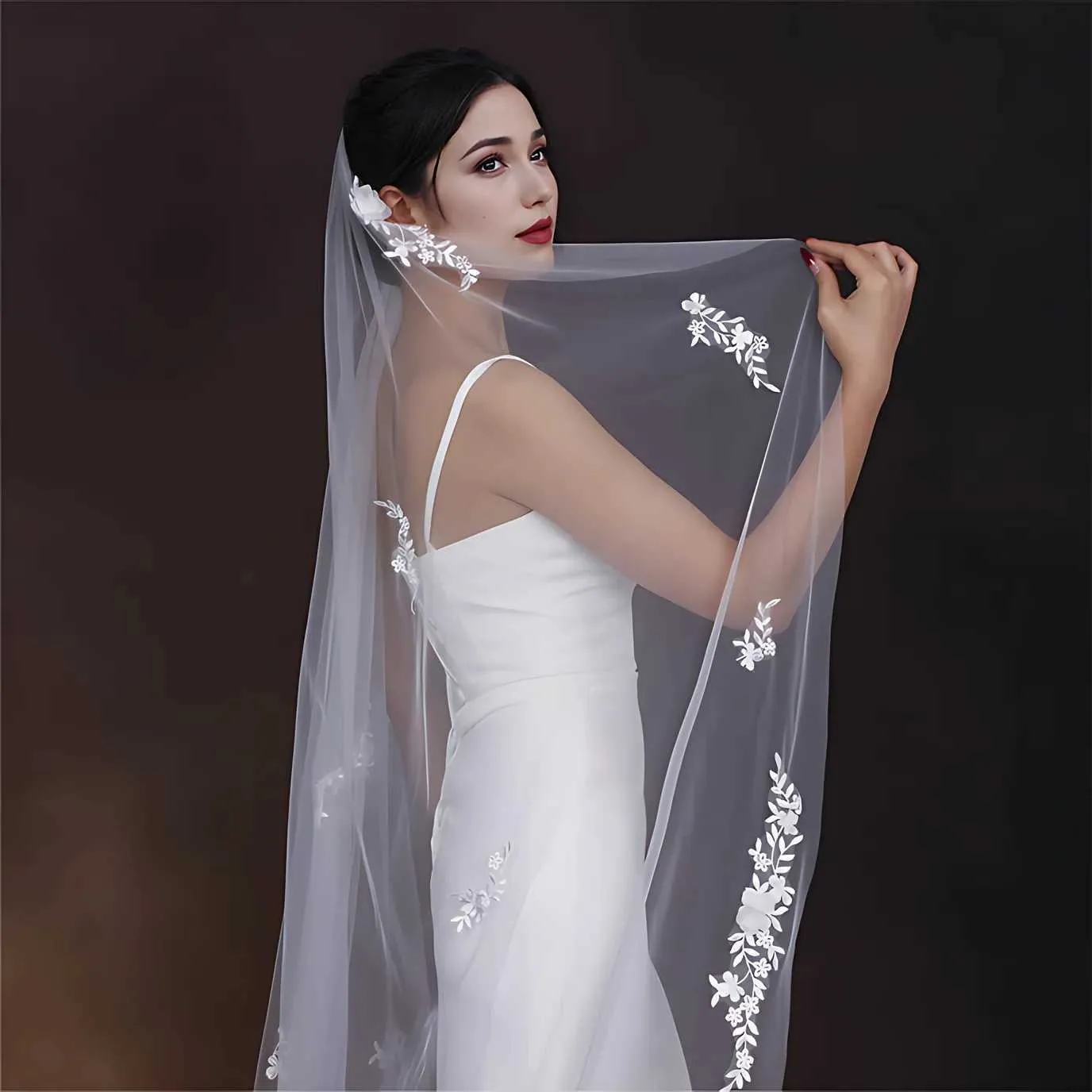 Hair Jewelry Elegant Lace Beaded Wedding Veil 3D Flower Long Cathedral Soft Bridal Illusion With Comb Bride Accessories_voghion.com