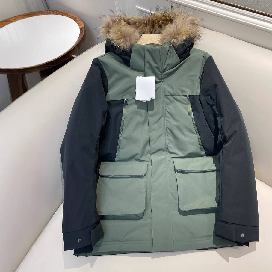 ​​Herren-Winter-Pufferjacke mit Kapuze – 600FP Gänsedaunenmantel, abnehmbarer Pelzbesatz, übergroßer Streetwear-Parka (Schwarz/Grün/Orange)​​_voghion.com