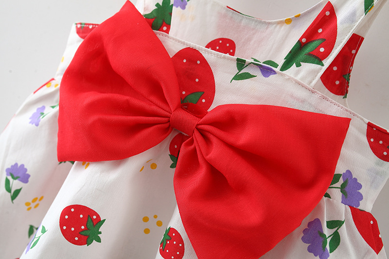 Vestido para niña con estampado de fresas y lazo, ropa de playa para bebé, sombrero incluido_voghion.com