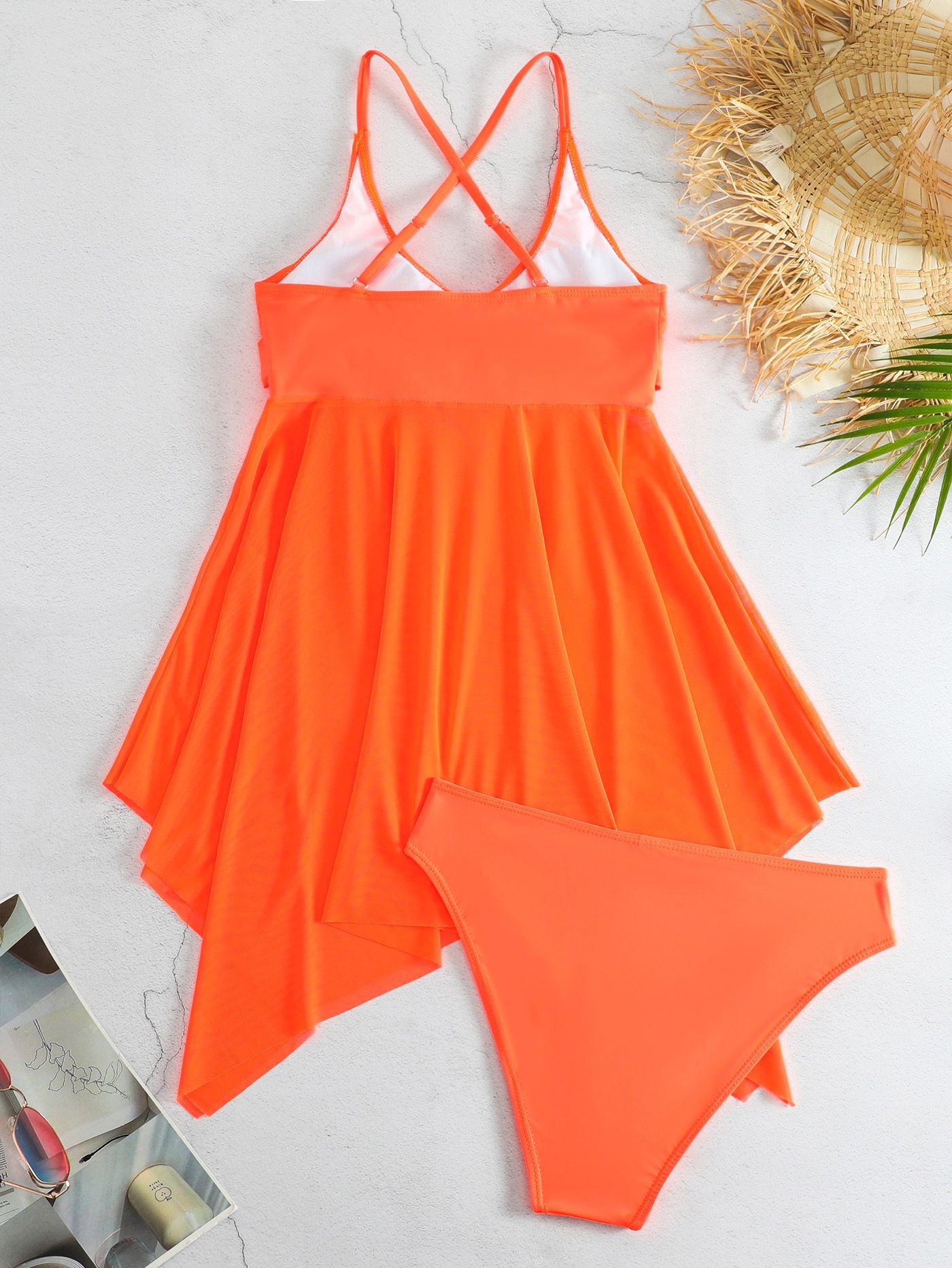 Dames Gauze Split Body High Waisted Mesh Badpak, Cross Top, Dubbele Schouderband_voghion.com