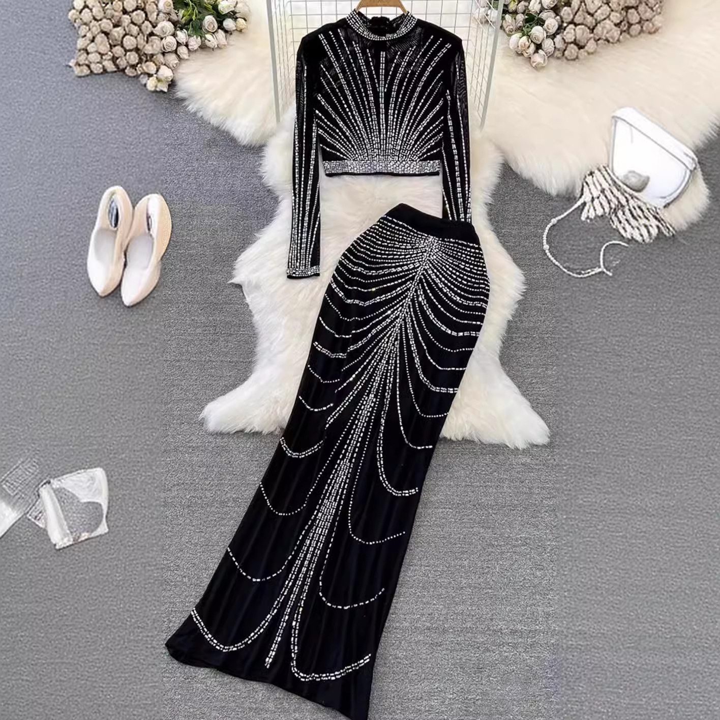 Costume de mode pour femmes, élégant col montant clouté de diamants, haut en maille ajusté, ensemble deux pièces, taille haute, fesses, jupe en queue de poisson